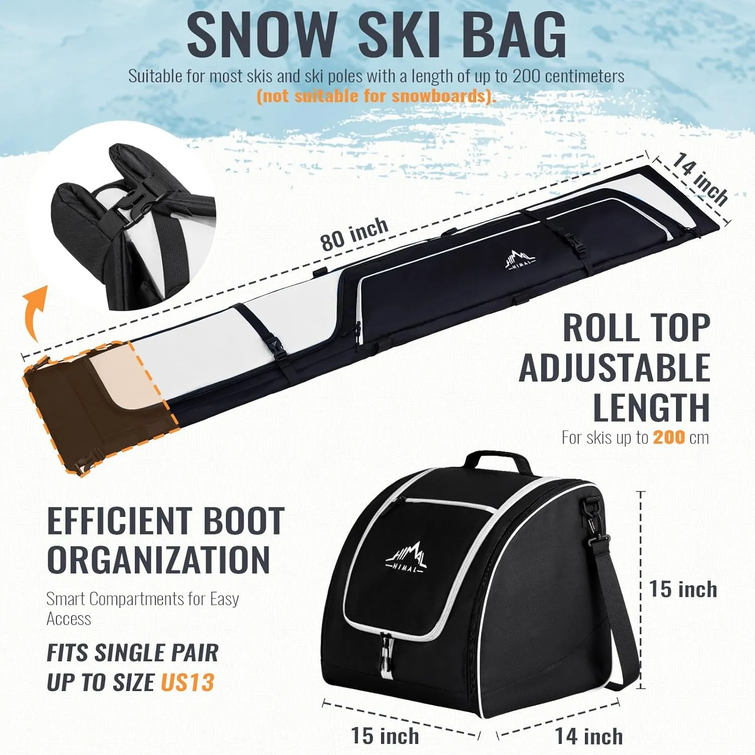 Ski Bag and Boot Bag Combo, Padded Skis Bag for Air Travel, Safety Reinforce Ski Carrier Bag Fits for Skis Up to 200 CM and Boots Up To Size US13, Water- resistant Ski Travel Bag
