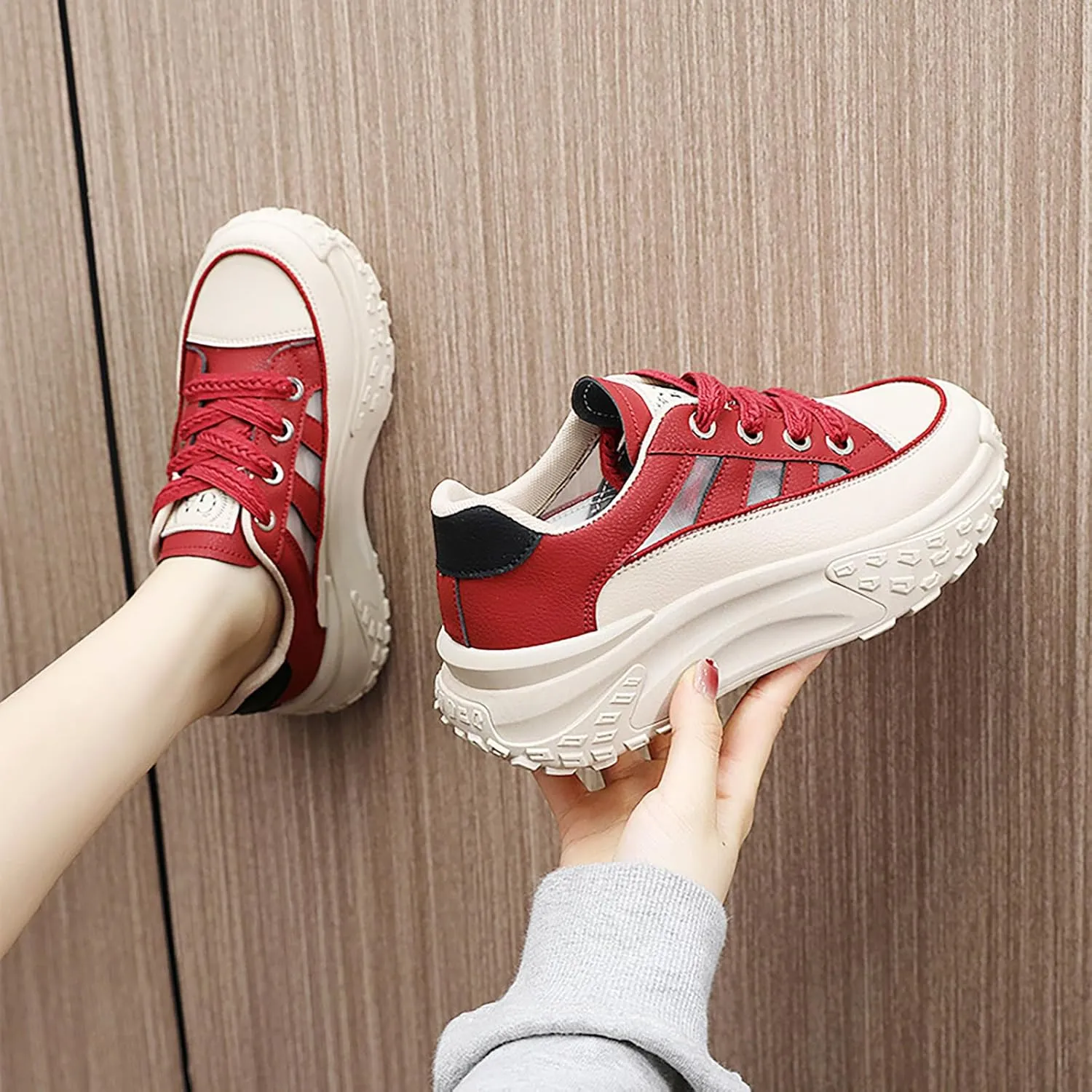 Sneakers for Women Lace Up Platform Non Slip Sports Shoes Breathable Hollow-Out Leather Running Shoes for Stylish Running Shopping