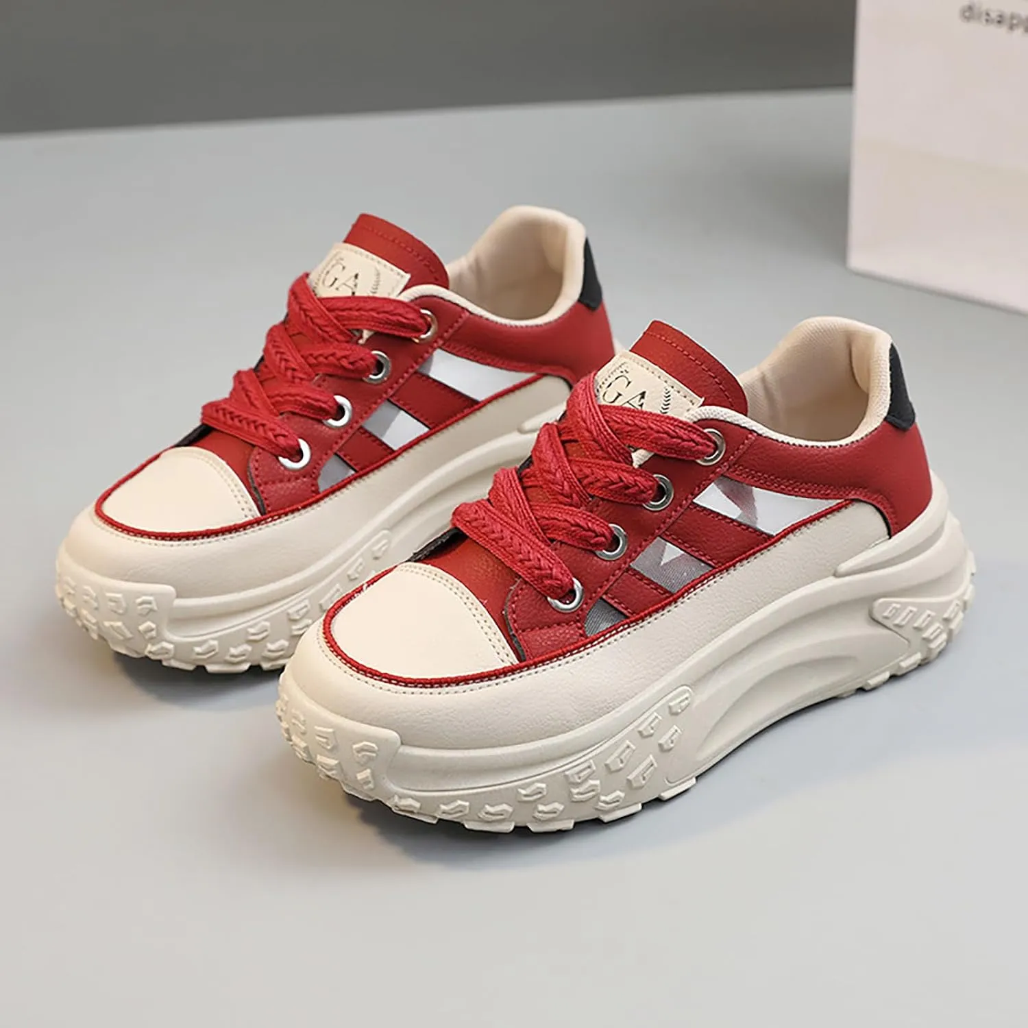 Sneakers for Women Lace Up Platform Non Slip Sports Shoes Breathable Hollow-Out Leather Running Shoes for Stylish Running Shopping