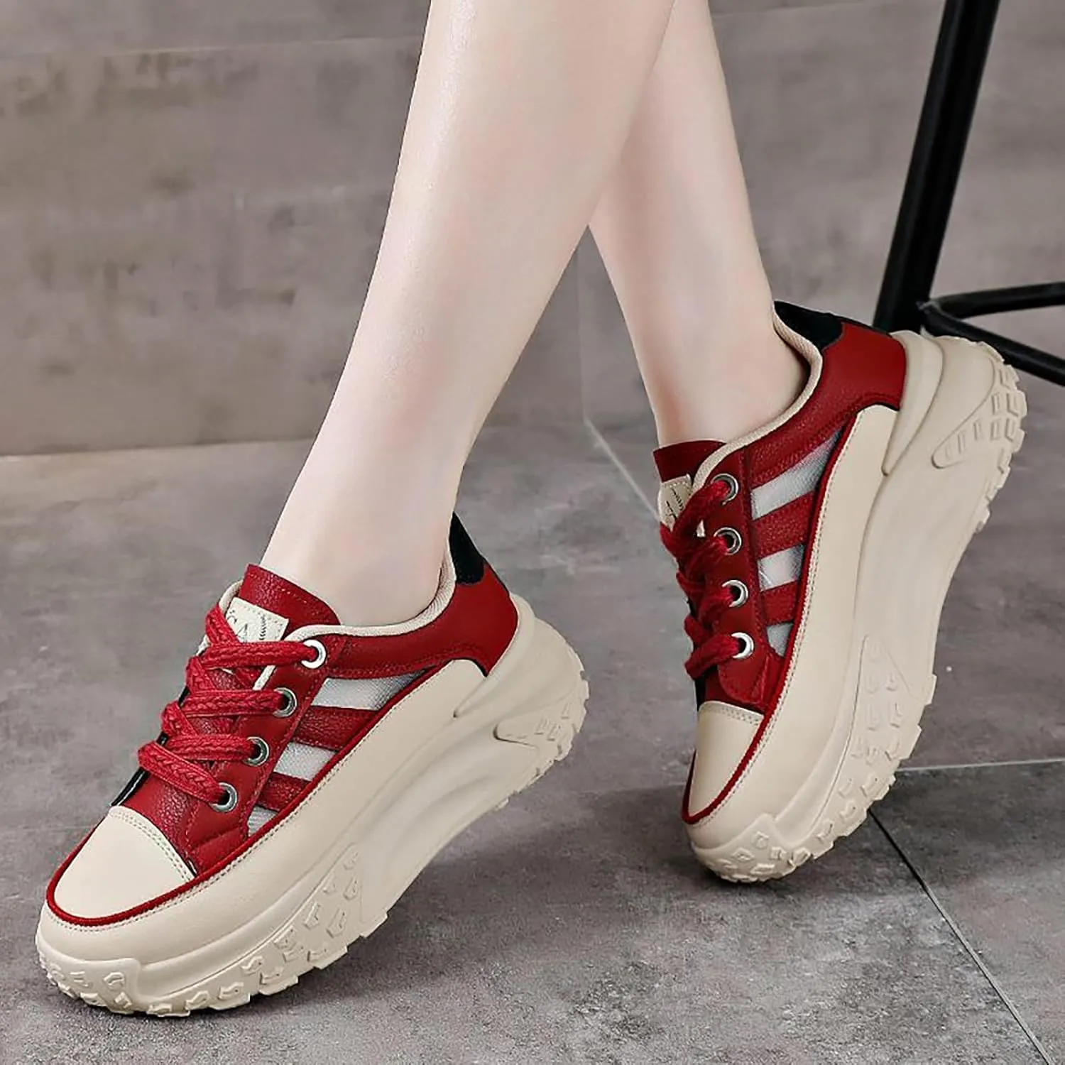 Sneakers for Women Lace Up Platform Non Slip Sports Shoes Breathable Hollow-Out Leather Running Shoes for Stylish Running Shopping
