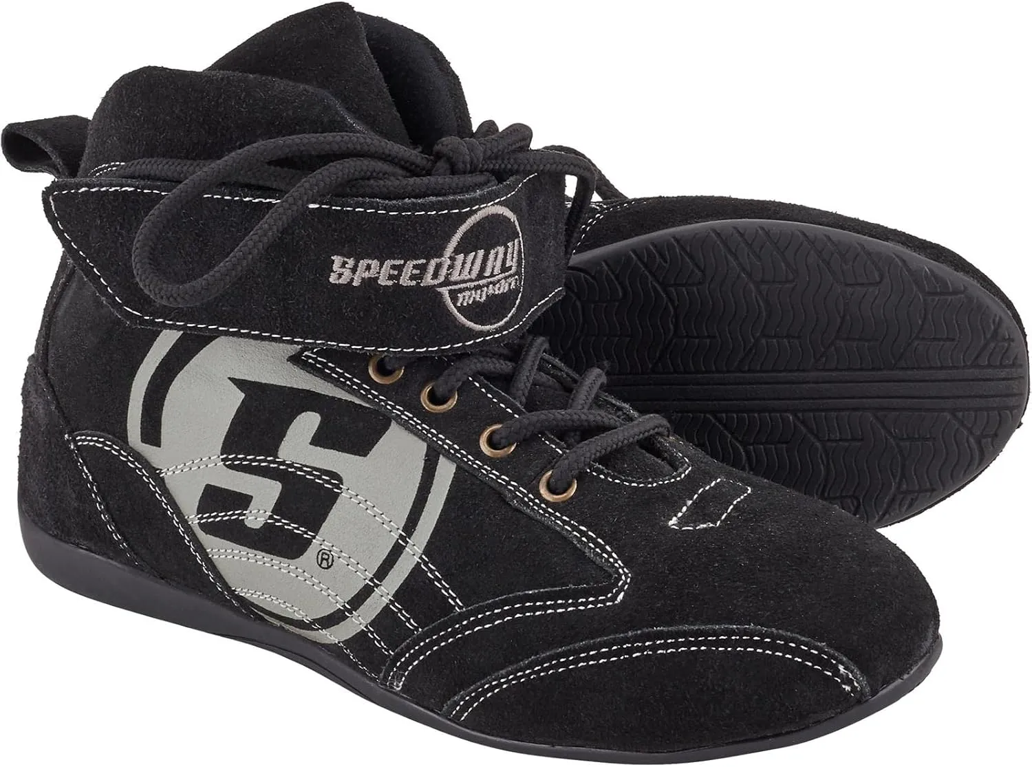 Speedway Motors Viper Mid-Top SFI 3.3/5 Racing Shoes, Size 8.5: Leather & FRC, Soft Compound Performance Sole, Reinforced Eyelets, Double Stitched, Hook-and-Loop Closure, Black with Gray Logo