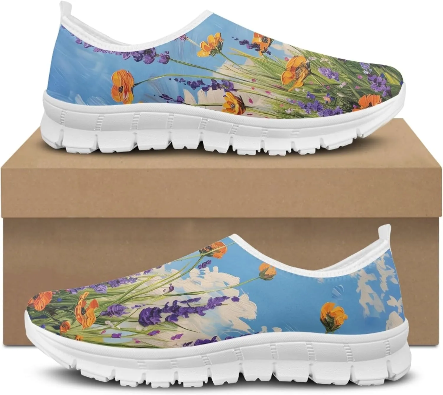 Stylish Print Women's Slip on Walking Shoes Low-Top Mesh Flat Sneaker Shoes Size 5-10.5
