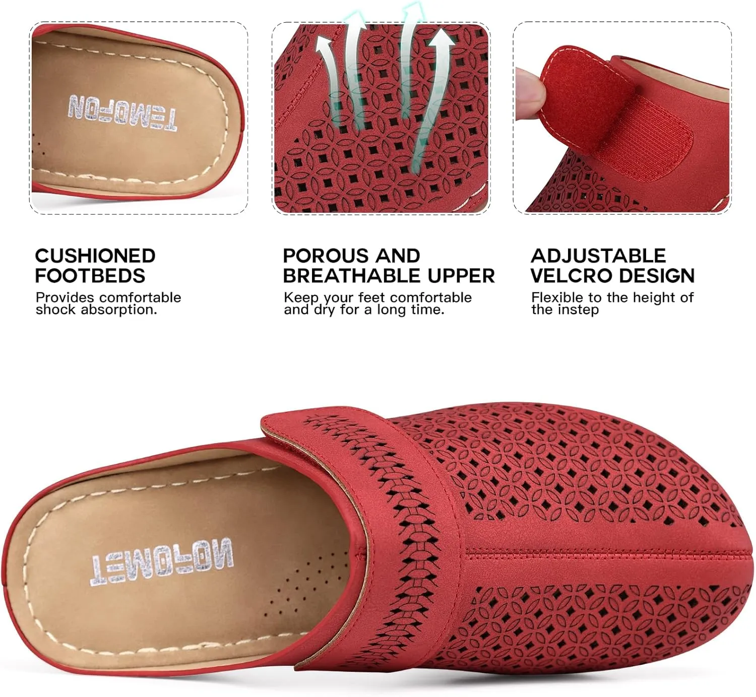 TEMOFON Clogs for Women Mules Shoes: Comfortable Arch Support Closed Toe Sandals Backless Low Wedge Slip on Shoes