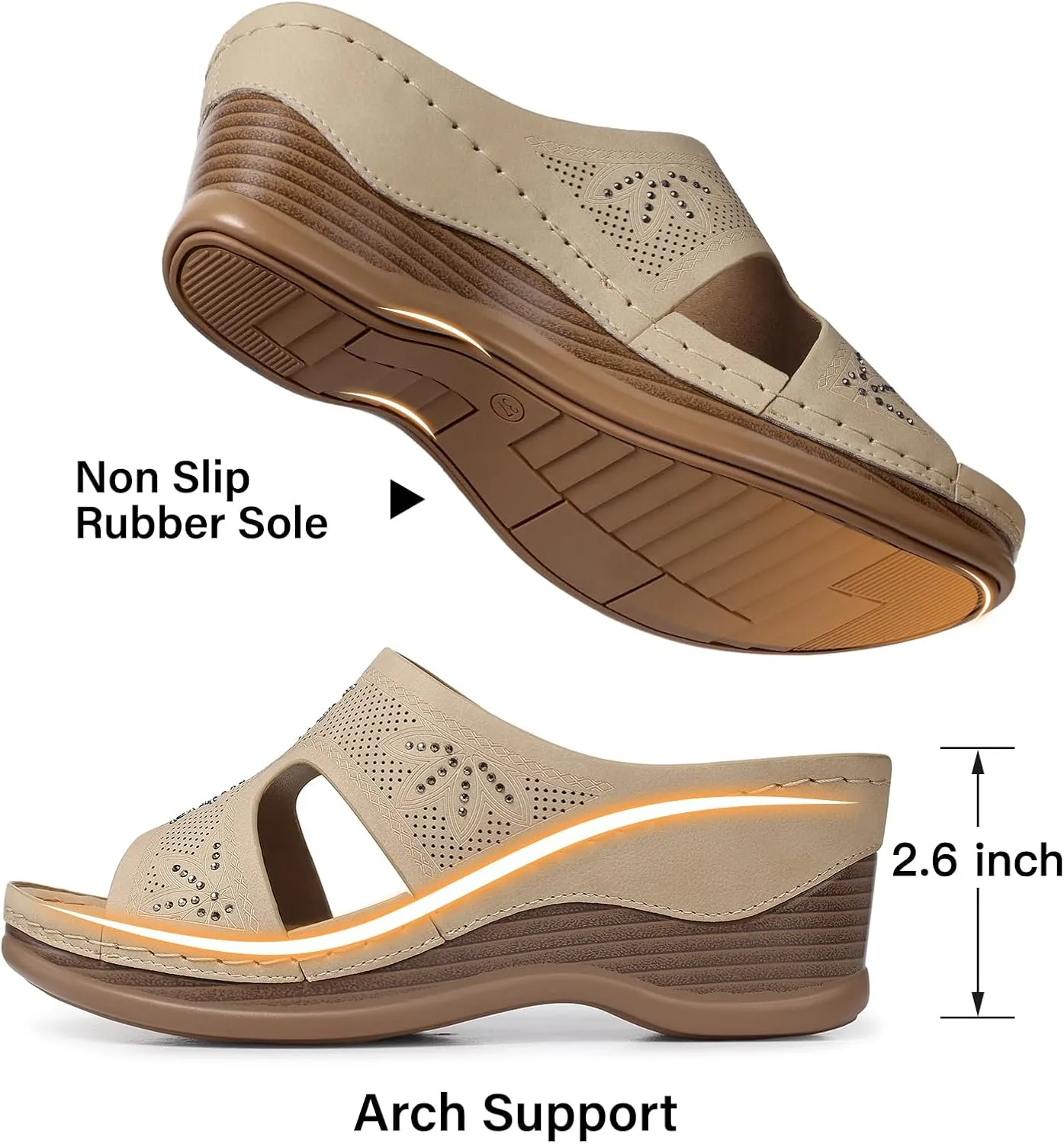 TEMOFON Women Wedge Sandals Dressy: Soft Leather Sandal, Rubber Sole, Comfortable Walking, Casual Slip on Summer Sandals