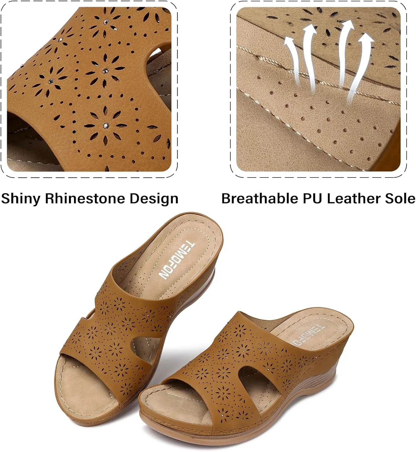TEMOFON Women Wedge Sandals Dressy: Soft Leather Sandal, Rubber Sole, Comfortable Walking, Casual Slip on Summer Sandals