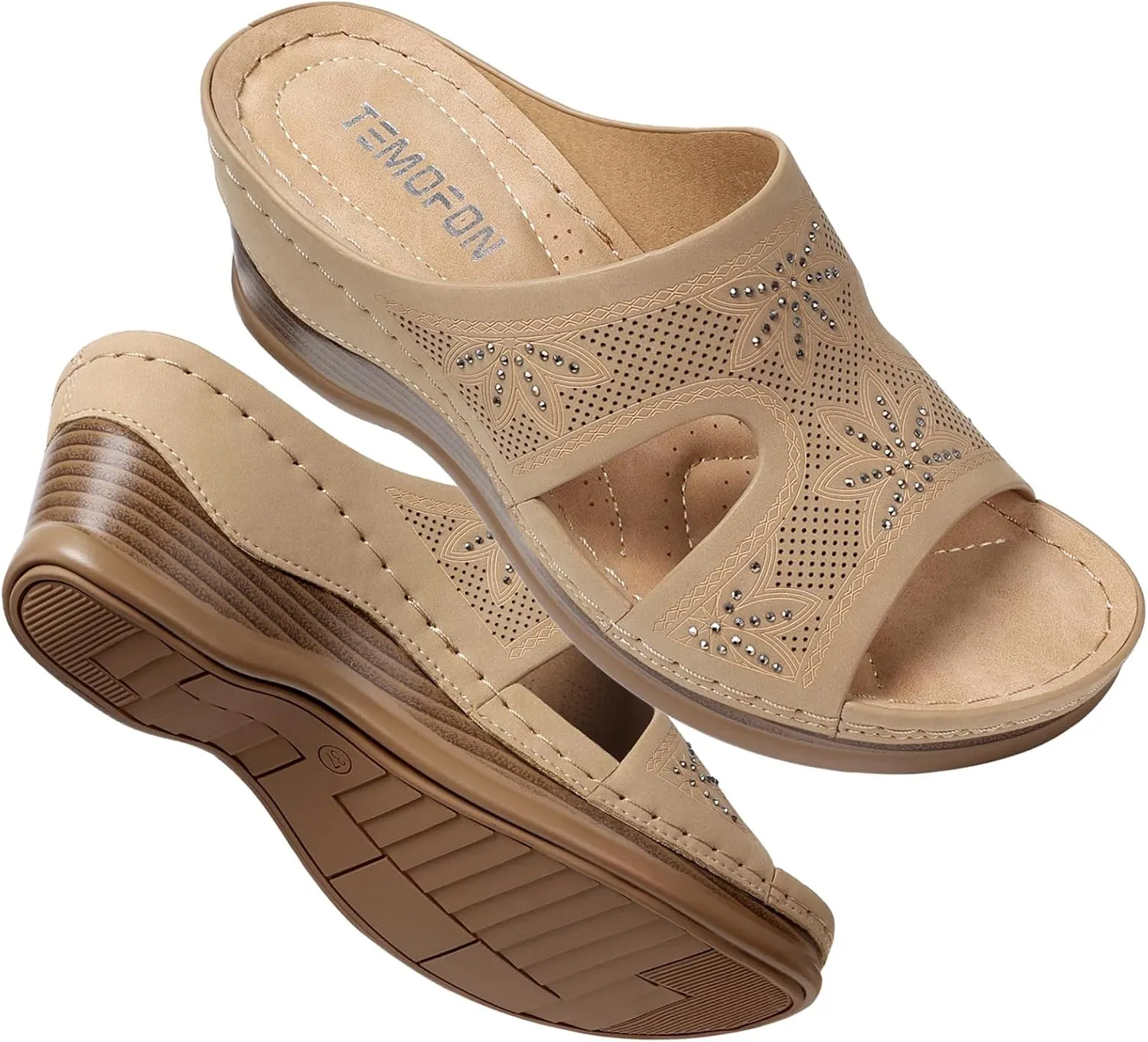 TEMOFON Women Wedge Sandals Dressy: Soft Leather Sandal, Rubber Sole, Comfortable Walking, Casual Slip on Summer Sandals