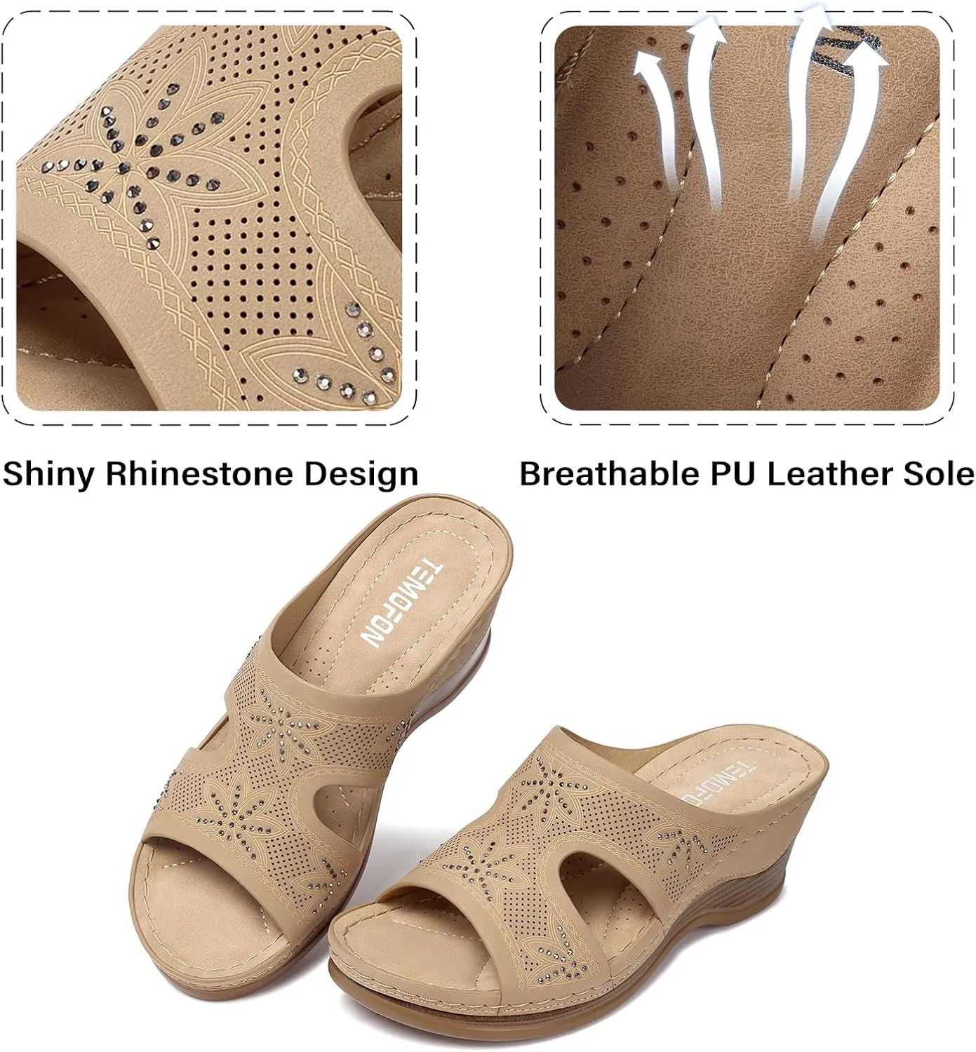 TEMOFON Women Wedge Sandals Dressy: Soft Leather Sandal, Rubber Sole, Comfortable Walking, Casual Slip on Summer Sandals