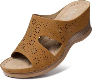 TEMOFON Women Wedge Sandals Dressy: Soft Leather Sandal, Rubber Sole, Comfortable Walking, Casual Slip on Summer Sandals