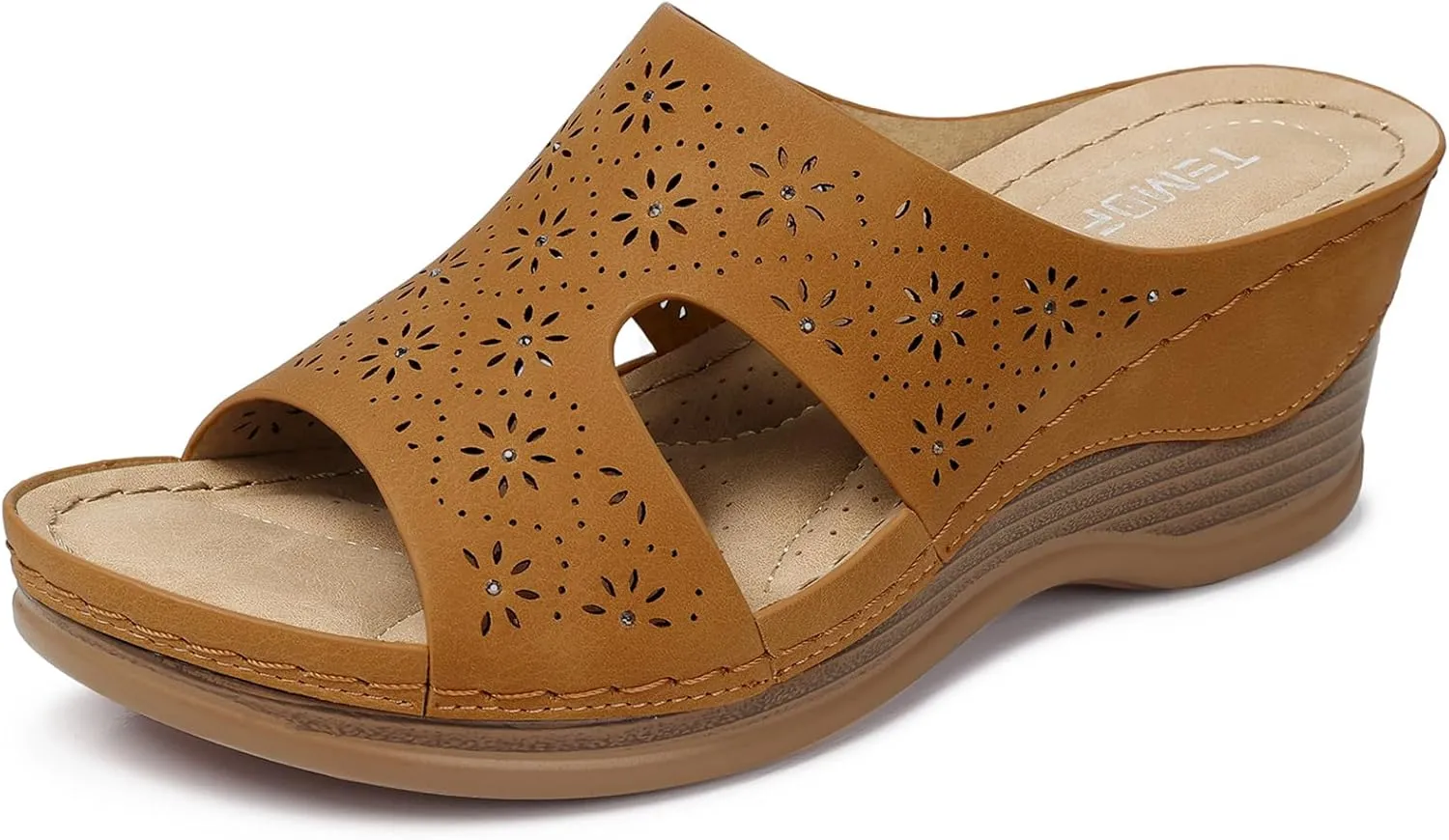 TEMOFON Women Wedge Sandals Dressy: Soft Leather Sandal, Rubber Sole, Comfortable Walking, Casual Slip on Summer Sandals