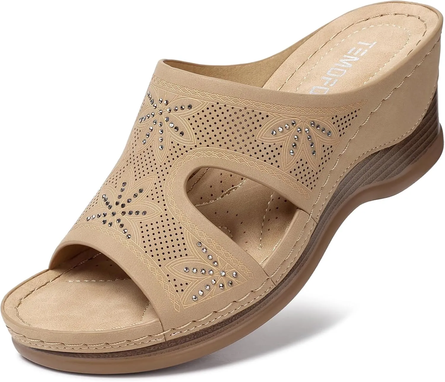 TEMOFON Women Wedge Sandals Dressy: Soft Leather Sandal, Rubber Sole, Comfortable Walking, Casual Slip on Summer Sandals