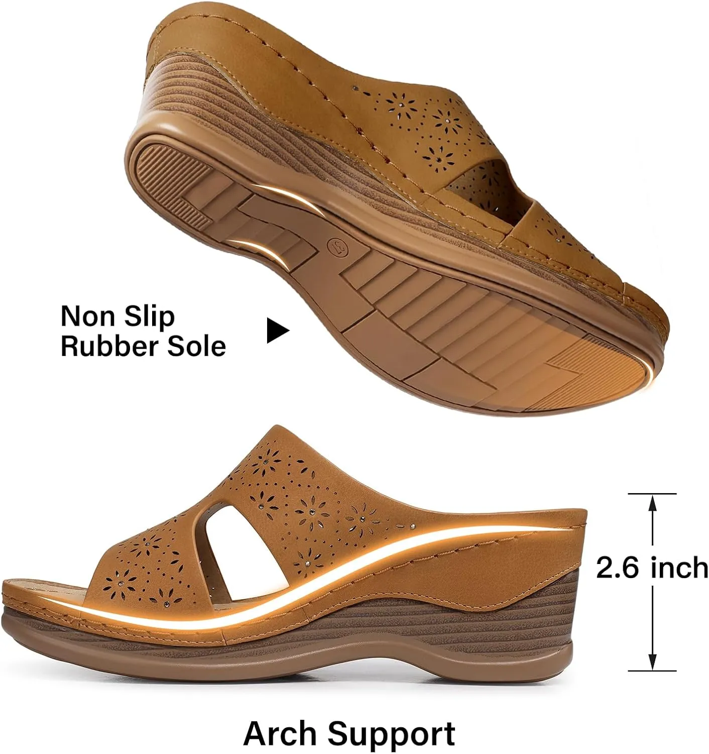 TEMOFON Women Wedge Sandals Dressy: Soft Leather Sandal, Rubber Sole, Comfortable Walking, Casual Slip on Summer Sandals