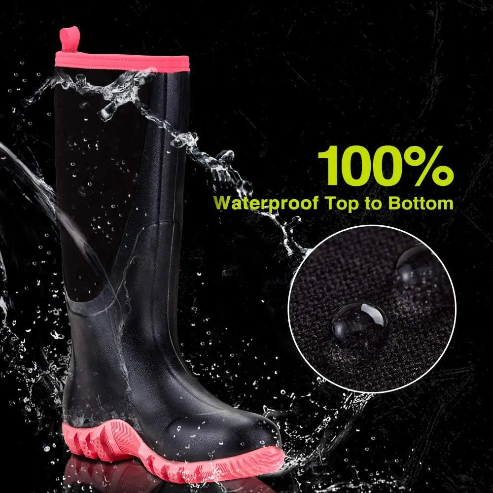 TIDEWE Rubber Boots for Women Multi-Season, Waterproof Rain Boots with Steel Shank, 6mm Neoprene Durable Rubber Outdoor Hunting Boots (Pink & Green)