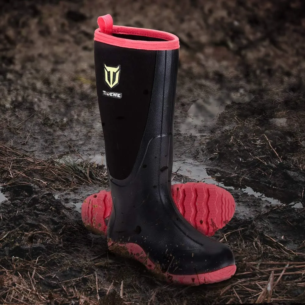 TIDEWE Rubber Boots for Women Multi-Season, Waterproof Rain Boots with Steel Shank, 6mm Neoprene Durable Rubber Outdoor Hunting Boots (Pink & Green)