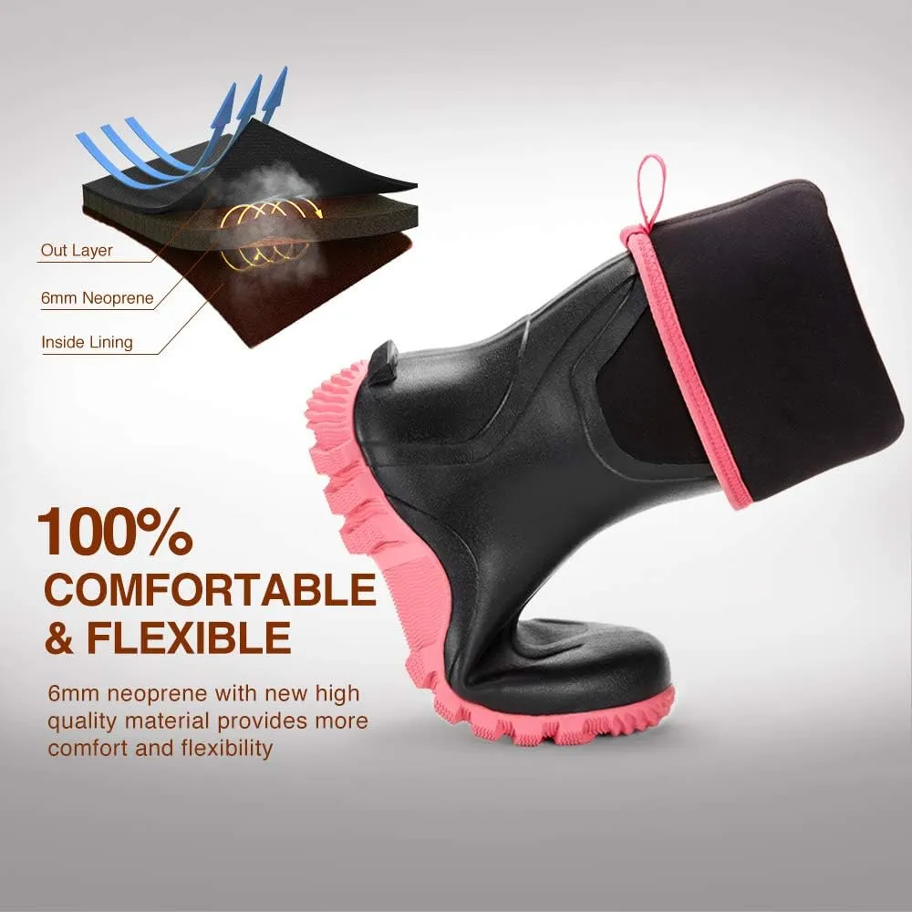 TIDEWE Rubber Boots for Women Multi-Season, Waterproof Rain Boots with Steel Shank, 6mm Neoprene Durable Rubber Outdoor Hunting Boots (Pink & Green)
