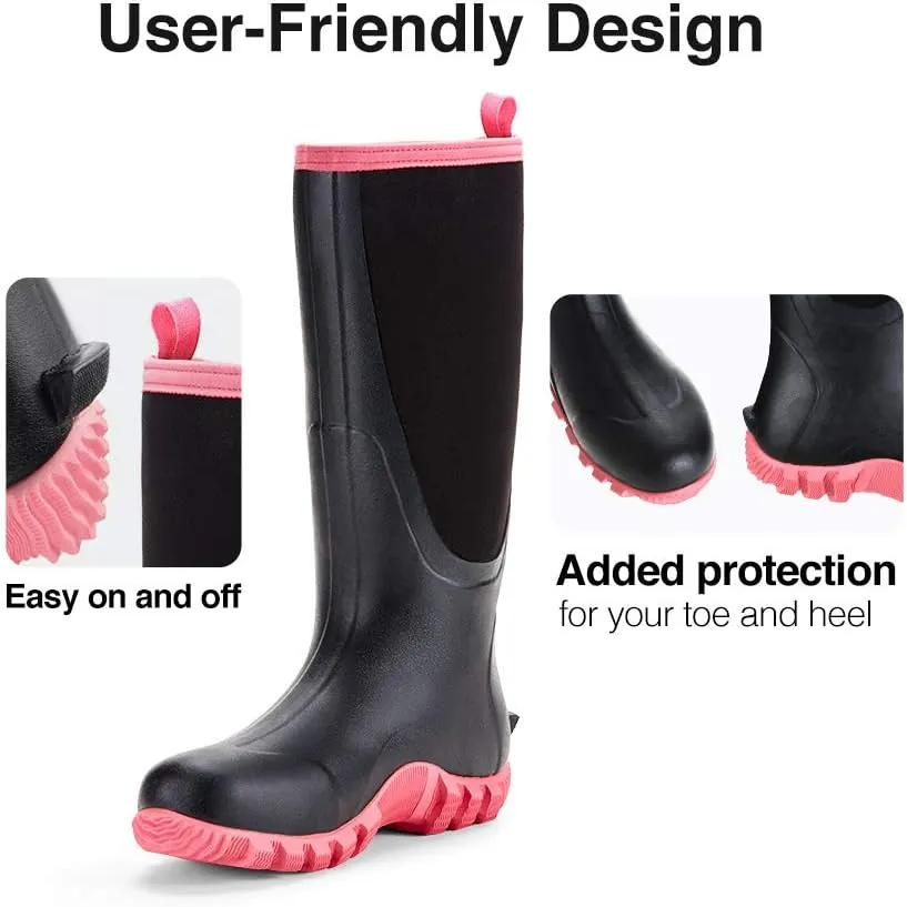 TIDEWE Rubber Boots for Women Multi-Season, Waterproof Rain Boots with Steel Shank, 6mm Neoprene Durable Rubber Outdoor Hunting Boots (Pink & Green)