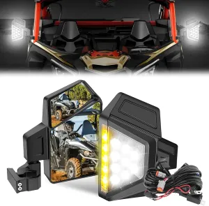 UTV Side Mirrors with Lights Amber Turn Signal Wiring Harness For Pioneer Polaris RZR 900 1000 Can-Am Kawasaki Mule Rhino YXZ Zforce, Shatter Proof Tempered Glass With Spot Light, Plug & Play