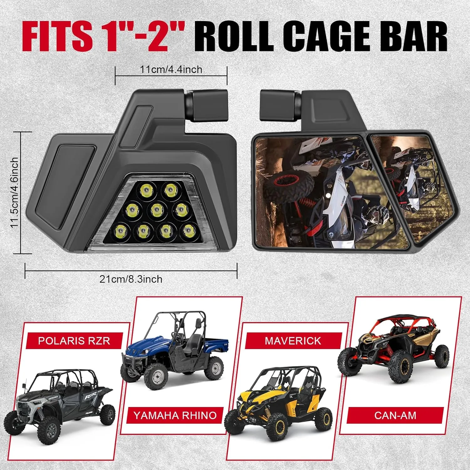 UTV Side Mirrors with Lights Amber Turn Signal Wiring Harness For Pioneer Polaris RZR 900 1000 Can-Am Kawasaki Mule Rhino YXZ Zforce, Shatter Proof Tempered Glass With Spot Light, Plug & Play