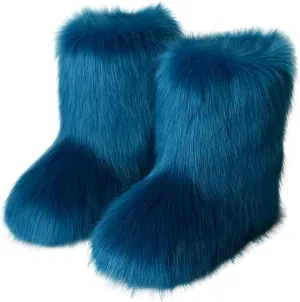 Valpeak Snow Boots for Women 2024 Furry Boots Winter Knee High Flat Heel Fluffy Faux Fur Boots