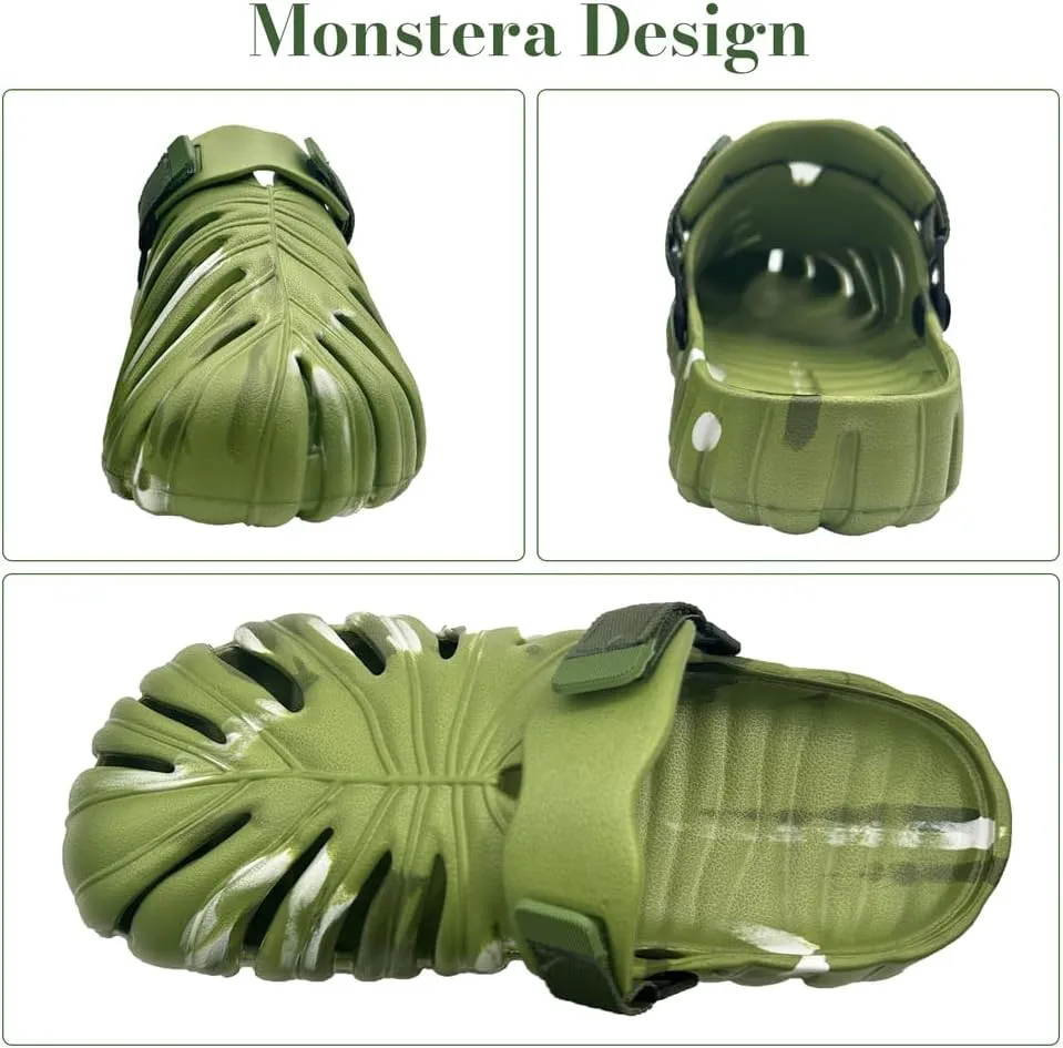 Variegated Monstera Shoes for Women and Men, Monstera Leaf Pattern Slippers Summer, Anti-Slip Soft Plant Print Slides