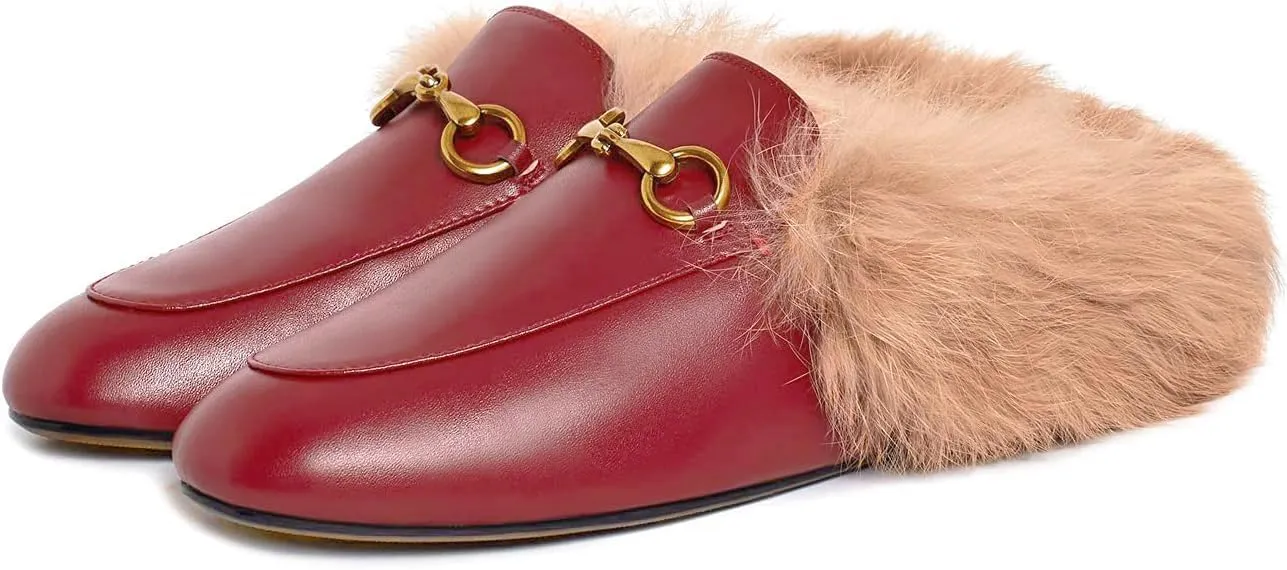 Vertundy Fur Mules with Matal Buckle Slip On Flats for Women Backless Sandals Dress Shoes Work Slides