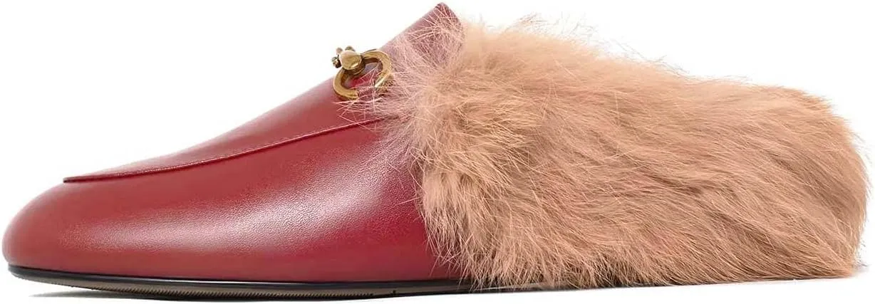 Vertundy Fur Mules with Matal Buckle Slip On Flats for Women Backless Sandals Dress Shoes Work Slides