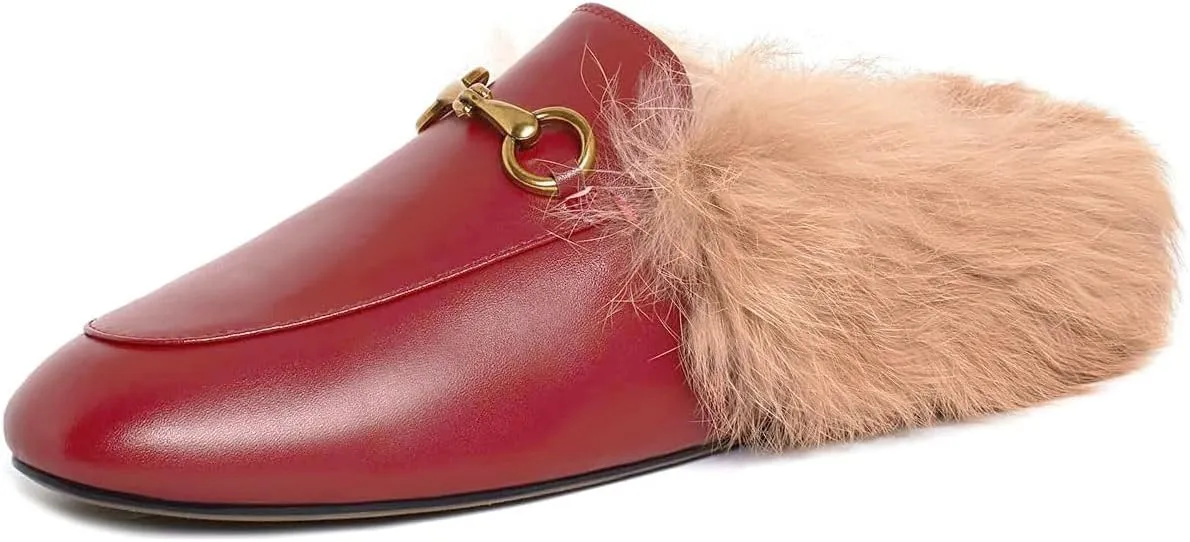 Vertundy Fur Mules with Matal Buckle Slip On Flats for Women Backless Sandals Dress Shoes Work Slides