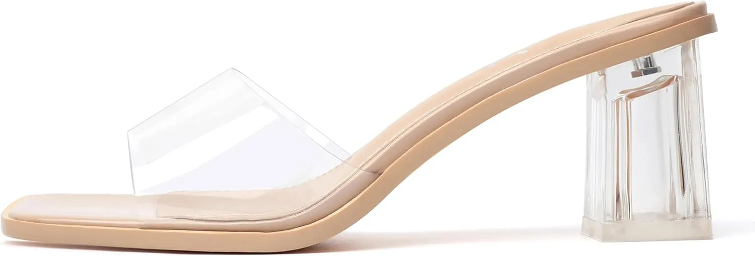 vivianly Womens Clear Heels Sandals Transparent Chunky Heels Backless Open Toe Slip on Mules Heeled Slipper Dress Shoes