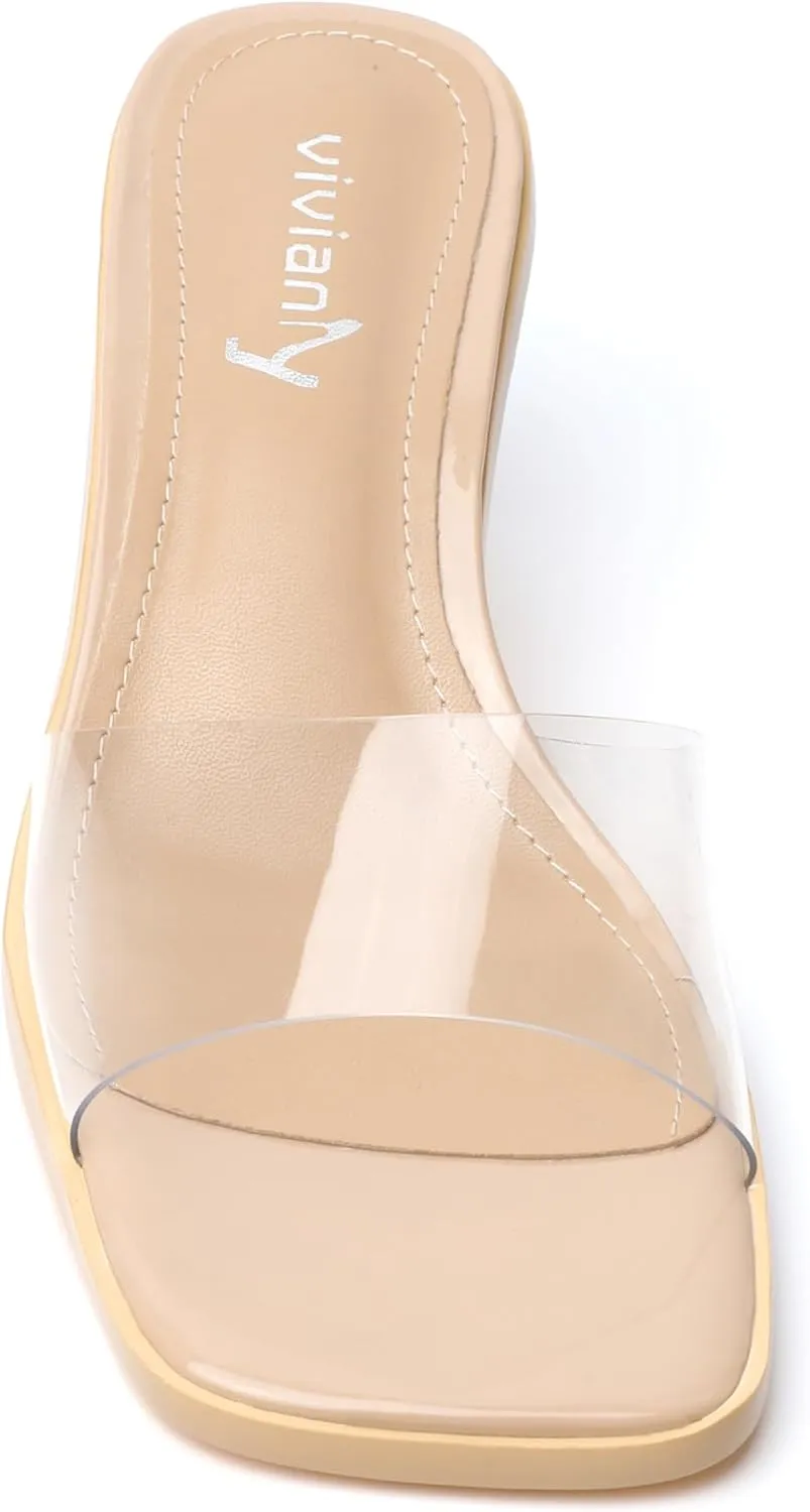 vivianly Womens Clear Heels Sandals Transparent Chunky Heels Backless Open Toe Slip on Mules Heeled Slipper Dress Shoes
