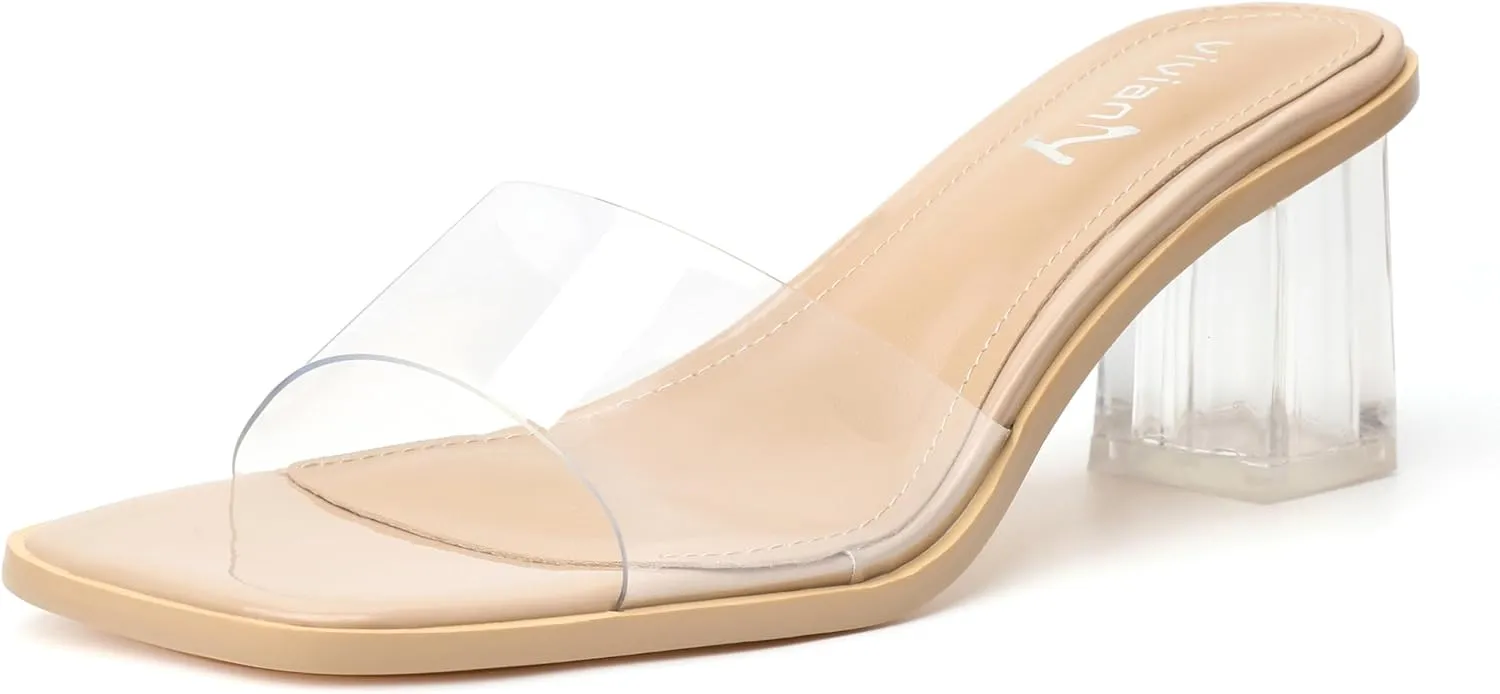 vivianly Womens Clear Heels Sandals Transparent Chunky Heels Backless Open Toe Slip on Mules Heeled Slipper Dress Shoes