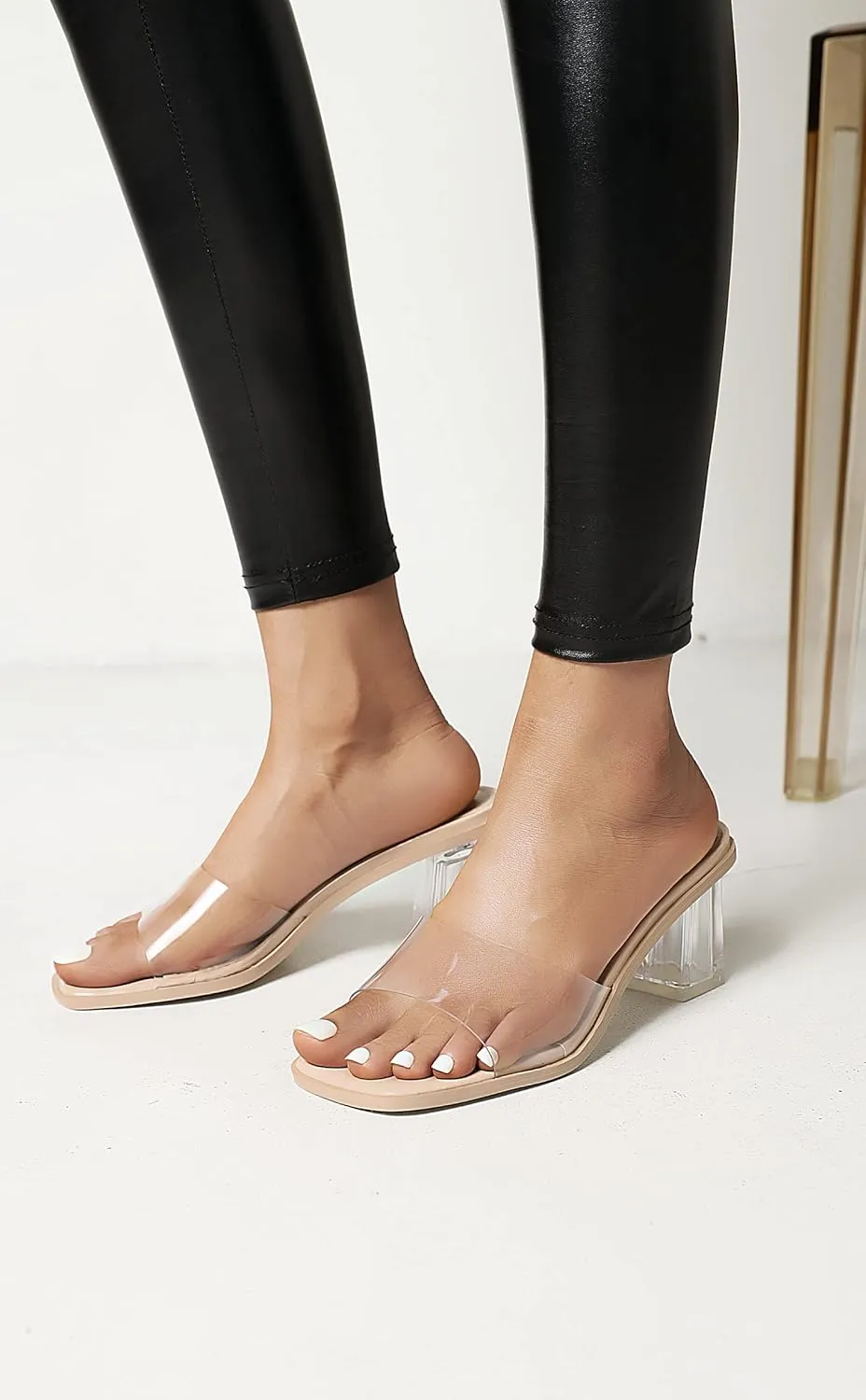 vivianly Womens Clear Heels Sandals Transparent Chunky Heels Backless Open Toe Slip on Mules Heeled Slipper Dress Shoes