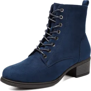 VJH confort Women's Fashion Ankle Boots Low Heels Chunky Lace-up Combat Bootie with Side Zipper (NAVY BLUE, 7)