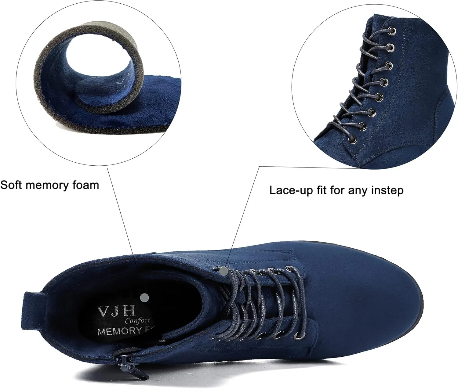 VJH confort Women's Fashion Ankle Boots Low Heels Chunky Lace-up Combat Bootie with Side Zipper
