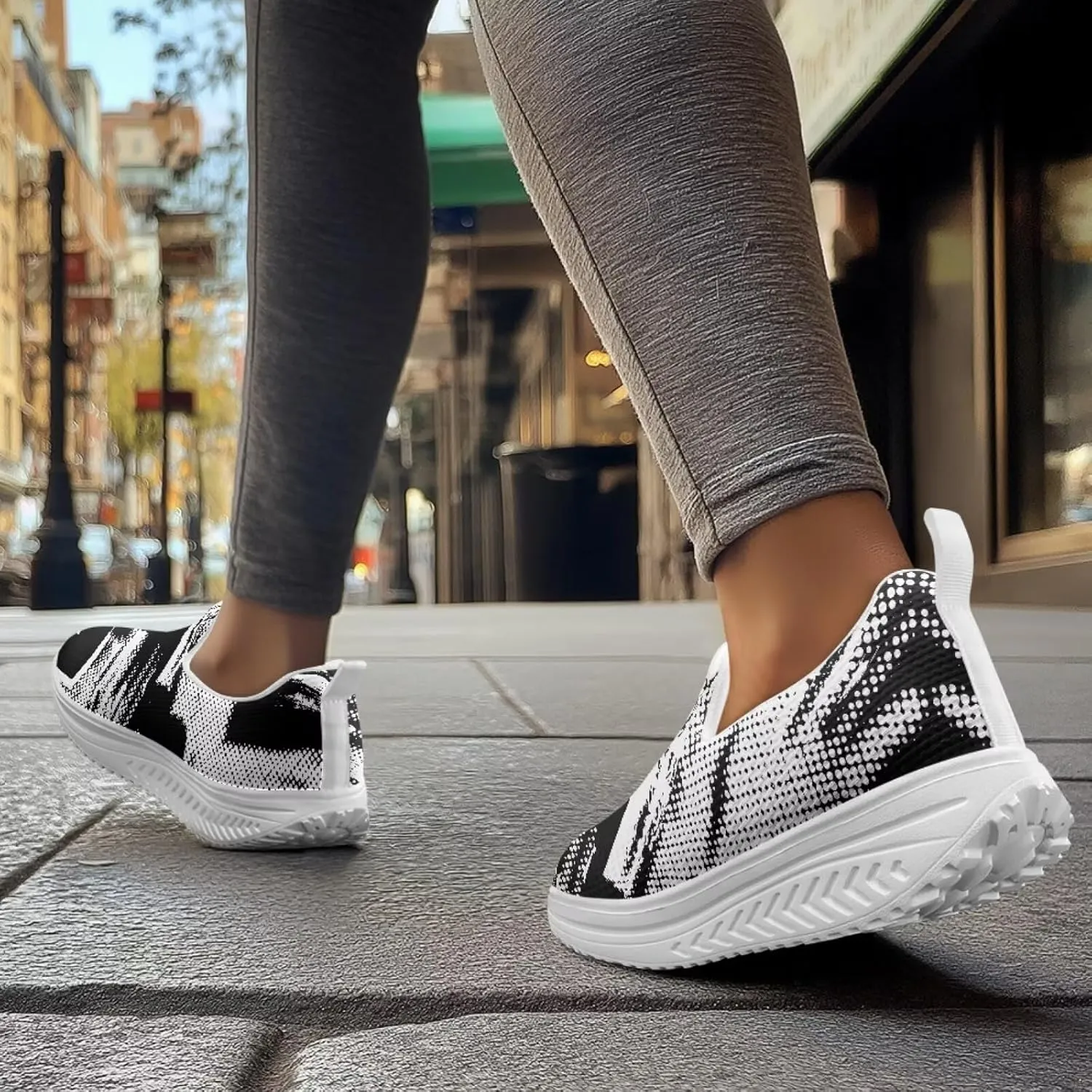 Women Fashion Loafer Stylish Slip On Shoes with Rocking Bottom Art Black White Sneaker Walking Hiking Flat