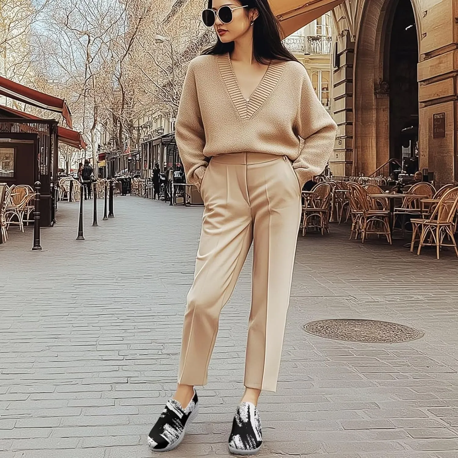 Women Fashion Loafer Stylish Slip On Shoes with Rocking Bottom Art Black White Sneaker Walking Hiking Flat