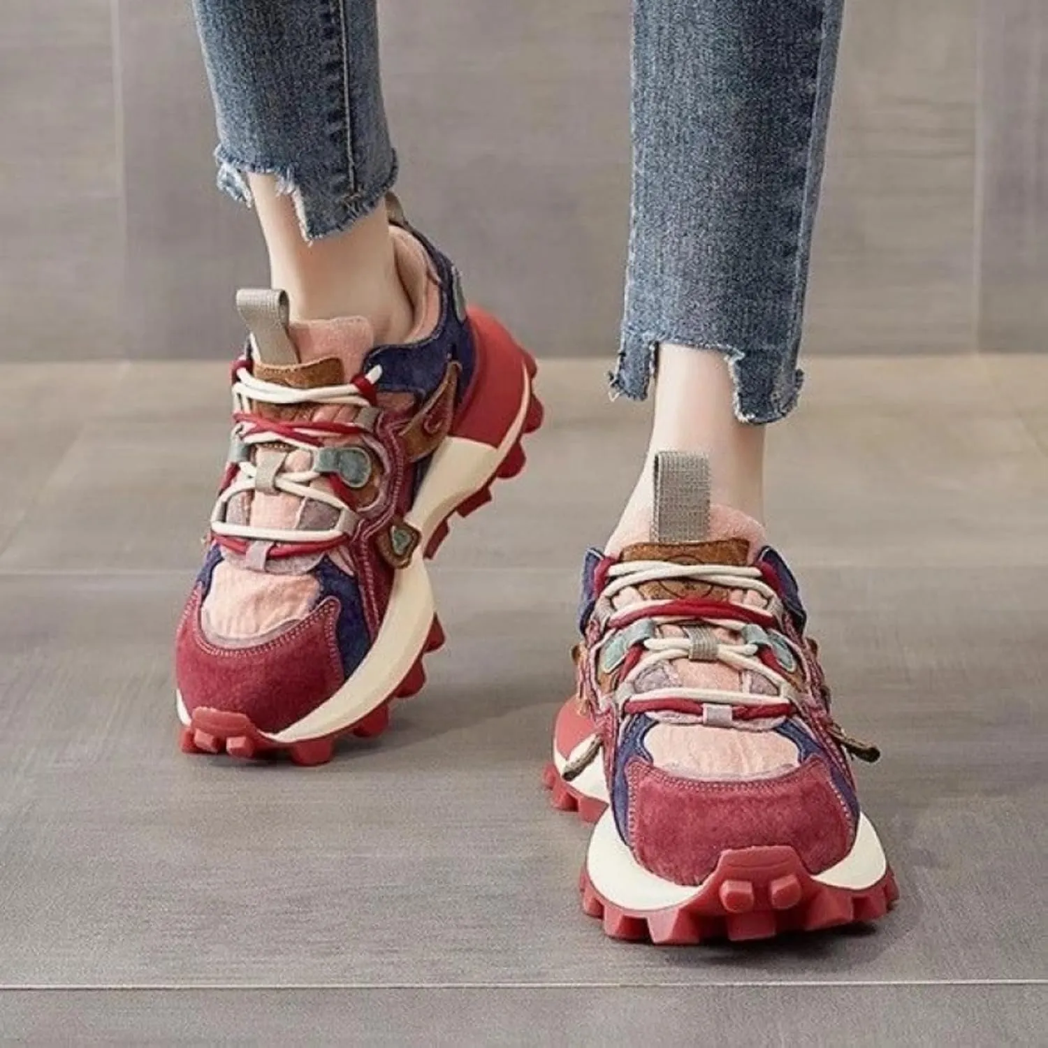 Women Premium Chunky Dad Sneakers, Stylish Leather Platform Shoes, Y2K Streetwear Sporty Versatile Lightweight Teens