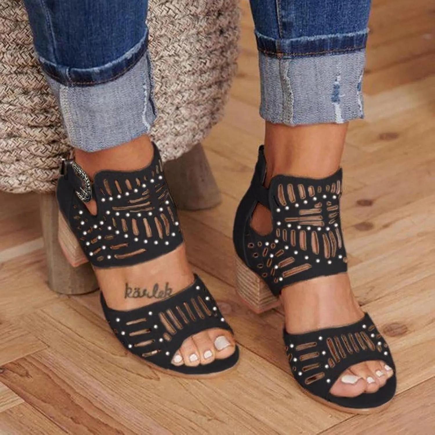 Womens Chunky Heeled Sandals Cutout Open Toe Summer Block Heeled Part𝐲 Sandals Casual Slip On Buckle Booties