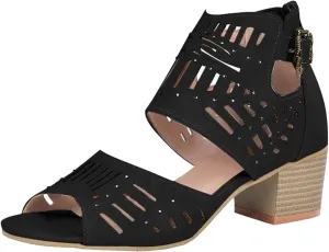 Womens Chunky Heeled Sandals Cutout Open Toe Summer Block Heeled Part𝐲 Sandals Casual Slip On Buckle Booties