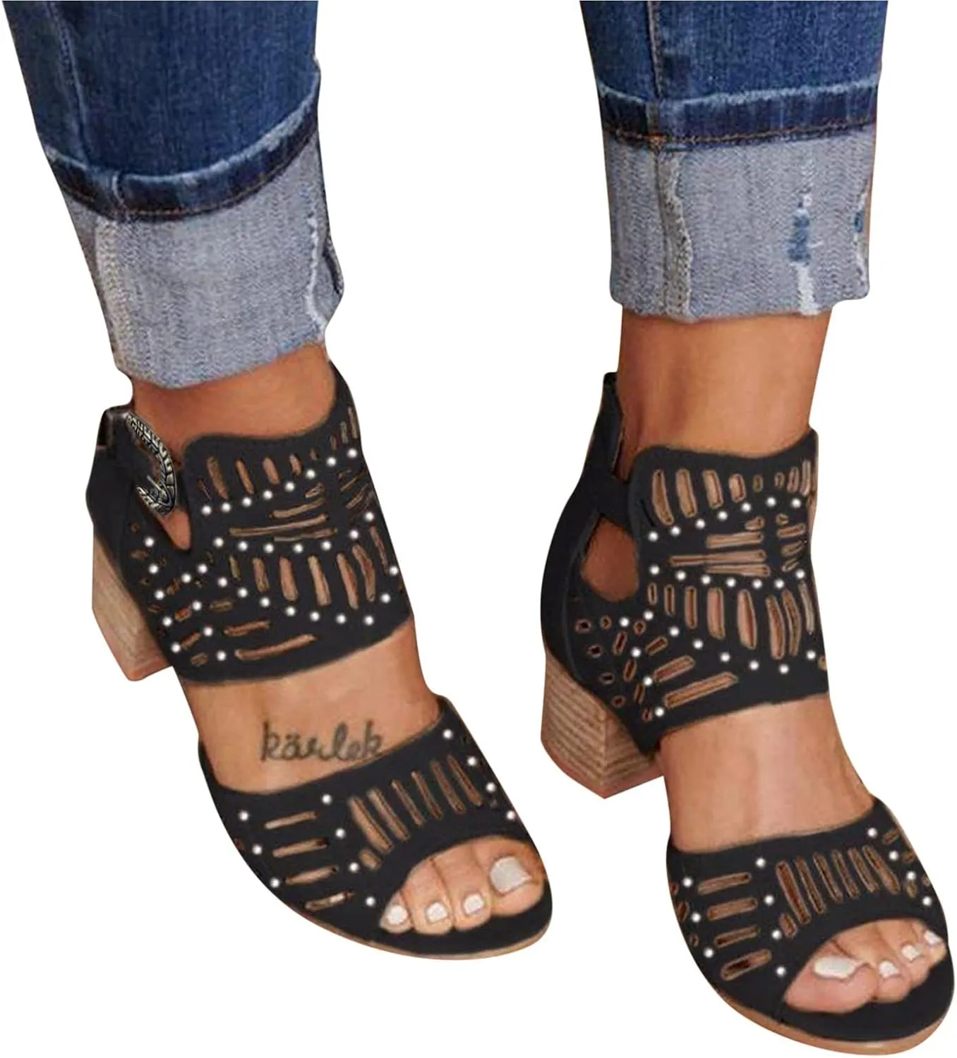 Womens Chunky Heeled Sandals Cutout Open Toe Summer Block Heeled Part𝐲 Sandals Casual Slip On Buckle Booties