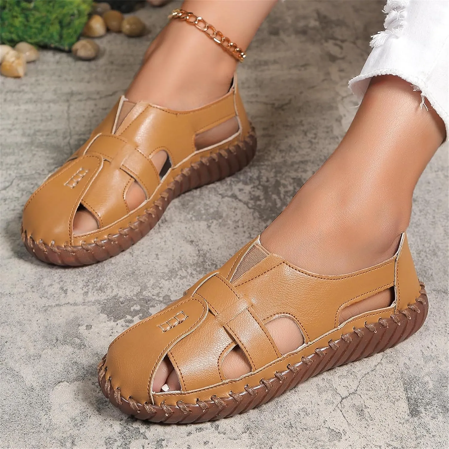 Womens Comfortable Flat Sandals Closed Toe Leather Cutout Hook and Loop Soft Sole Slip On Loafers Fashion Hand Stitched Beach Walking Sandal Casual Summer Outdoor
