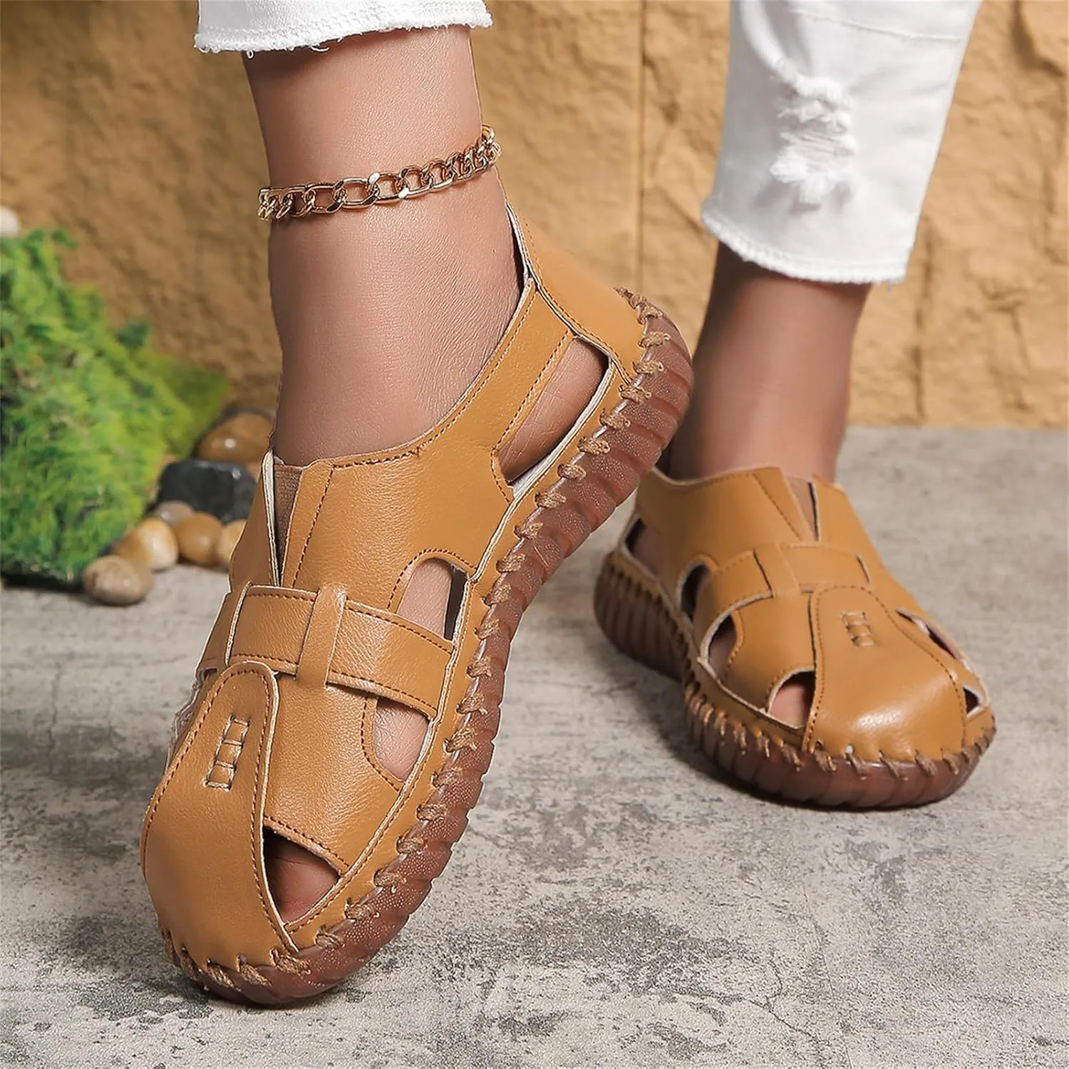 Womens Comfortable Flat Sandals Closed Toe Leather Cutout Hook and Loop Soft Sole Slip On Loafers Fashion Hand Stitched Beach Walking Sandal Casual Summer Outdoor