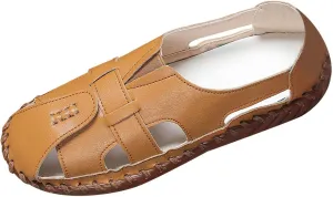 Womens Comfortable Flat Sandals Closed Toe Leather Cutout Hook and Loop Soft Sole Slip On Loafers Fashion Hand Stitched Beach Walking Sandal Casual Summer Outdoor