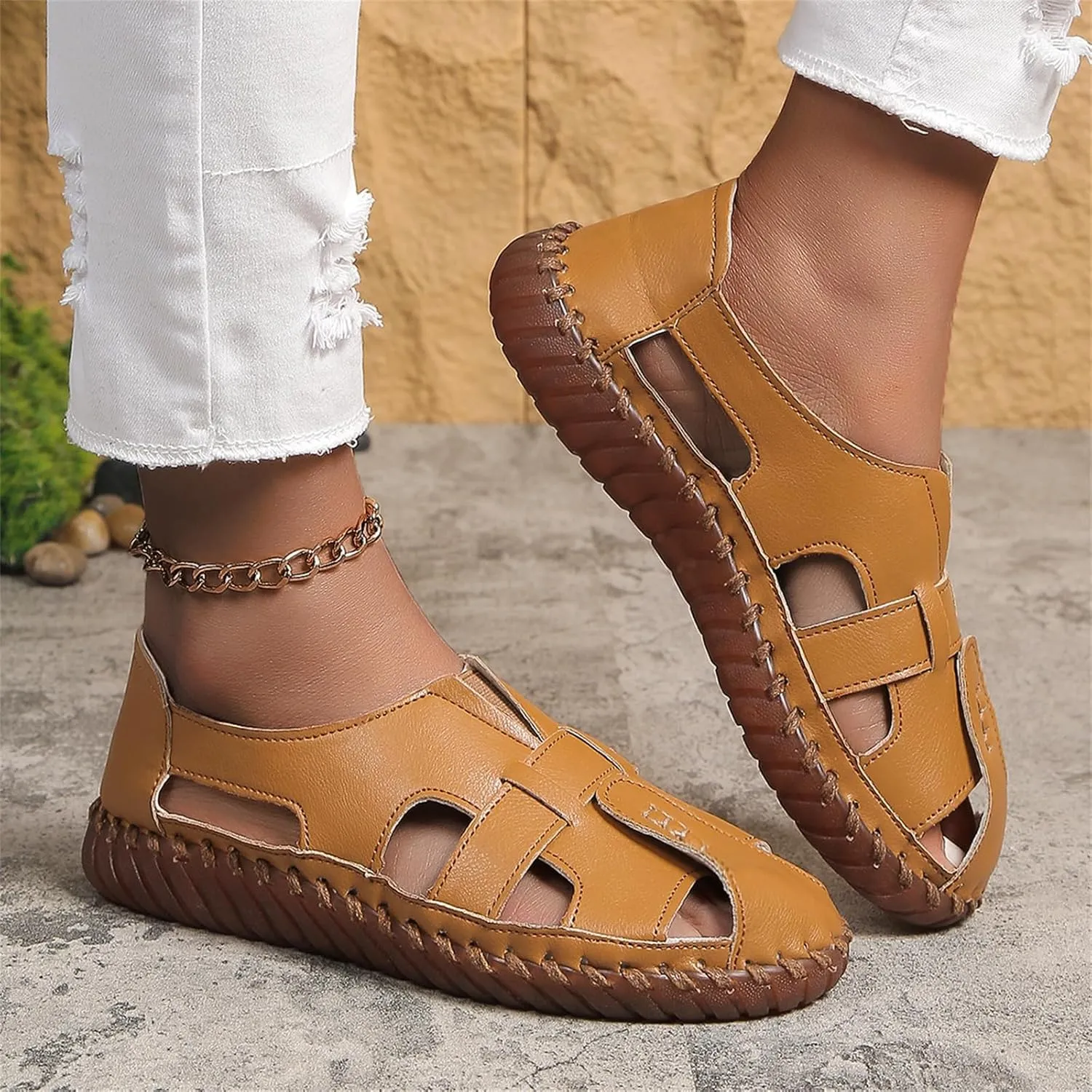 Womens Comfortable Flat Sandals Closed Toe Leather Cutout Hook and Loop Soft Sole Slip On Loafers Fashion Hand Stitched Beach Walking Sandal Casual Summer Outdoor