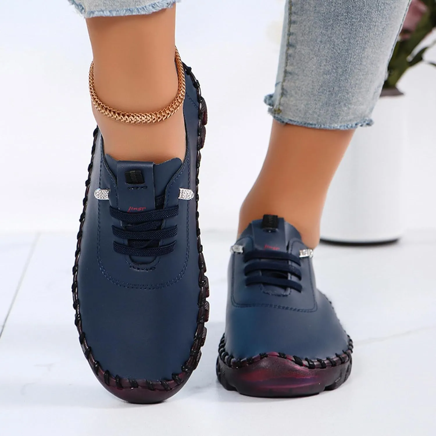 Womens Comfy Breathable Sneakers Flat Bottom Leather Slip-on Loafers Handmade Soft Shoes Sandals