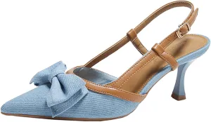 Women's Denim Bow Kitten Heel Slingback Pumps with Adjustable Ankle Straps Fashion Low Stilettos Slip-On Dress Party Evening Dating Mule Sandals