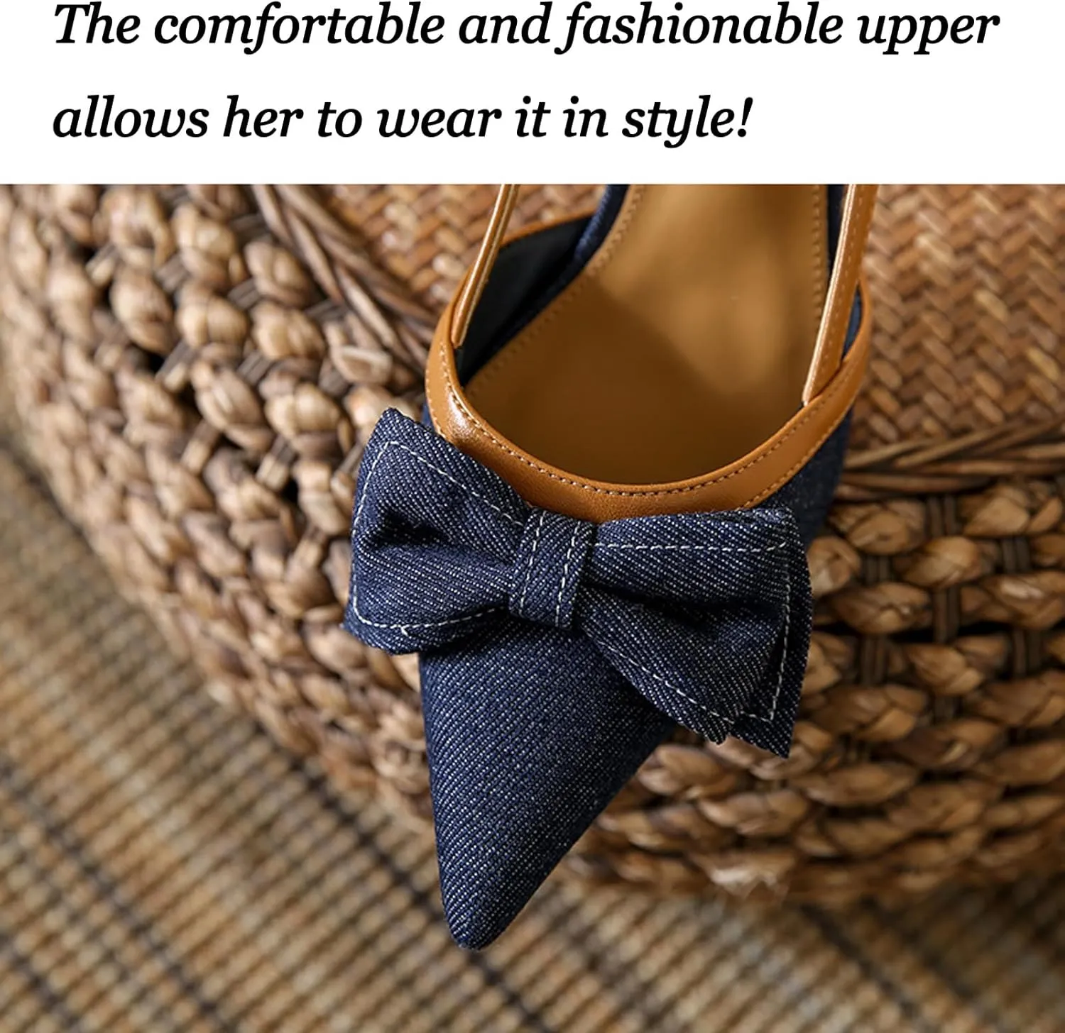 Women's Denim Bow Kitten Heel Slingback Pumps with Adjustable Ankle Straps Fashion Low Stilettos Slip-On Dress Party Evening Dating Mule Sandals