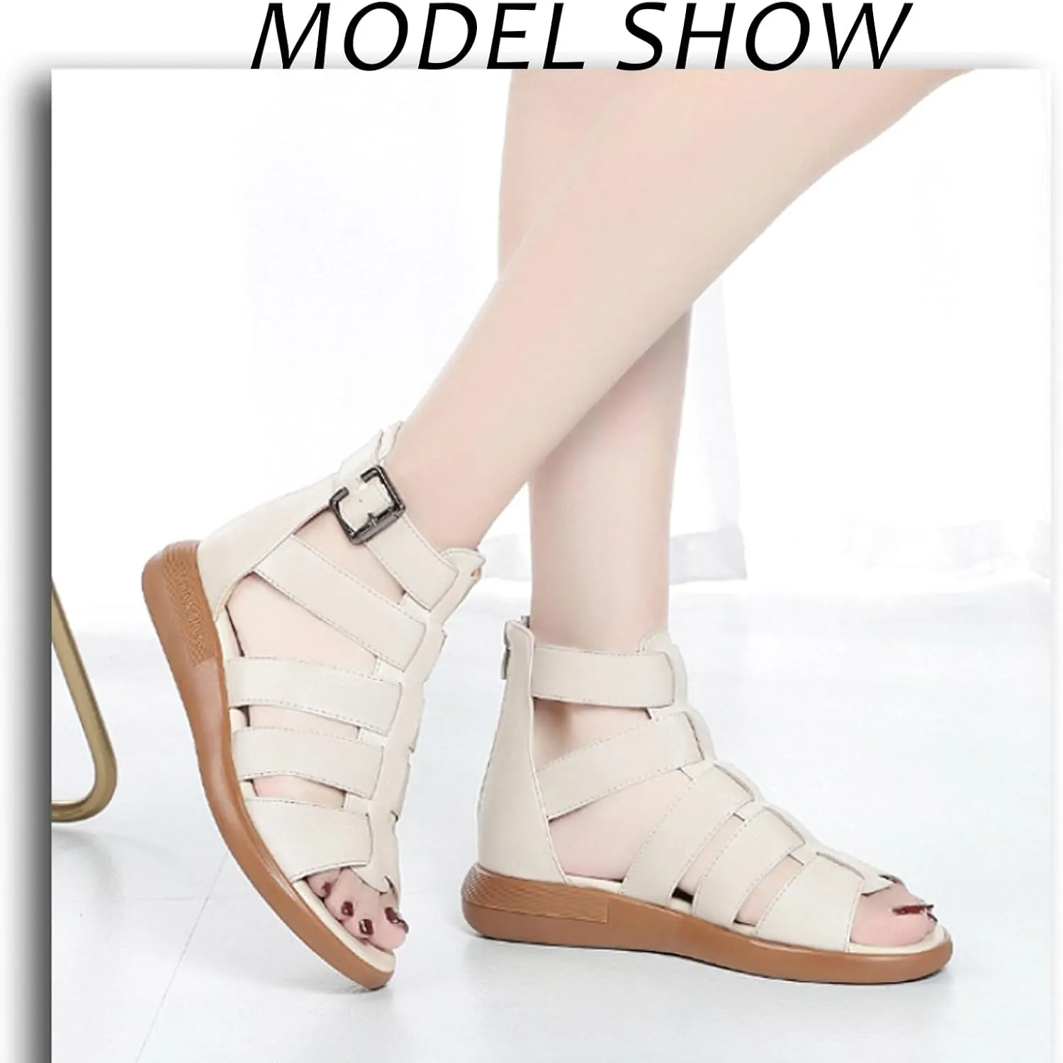 Women'S Genuine Leather High-Top Gladiator Sandals Summer Fish Mouth Flat Bottom Non-Slip Adjustable Buckle Fisherman Sandals Hollow Soft Bottom Roman Sandals
