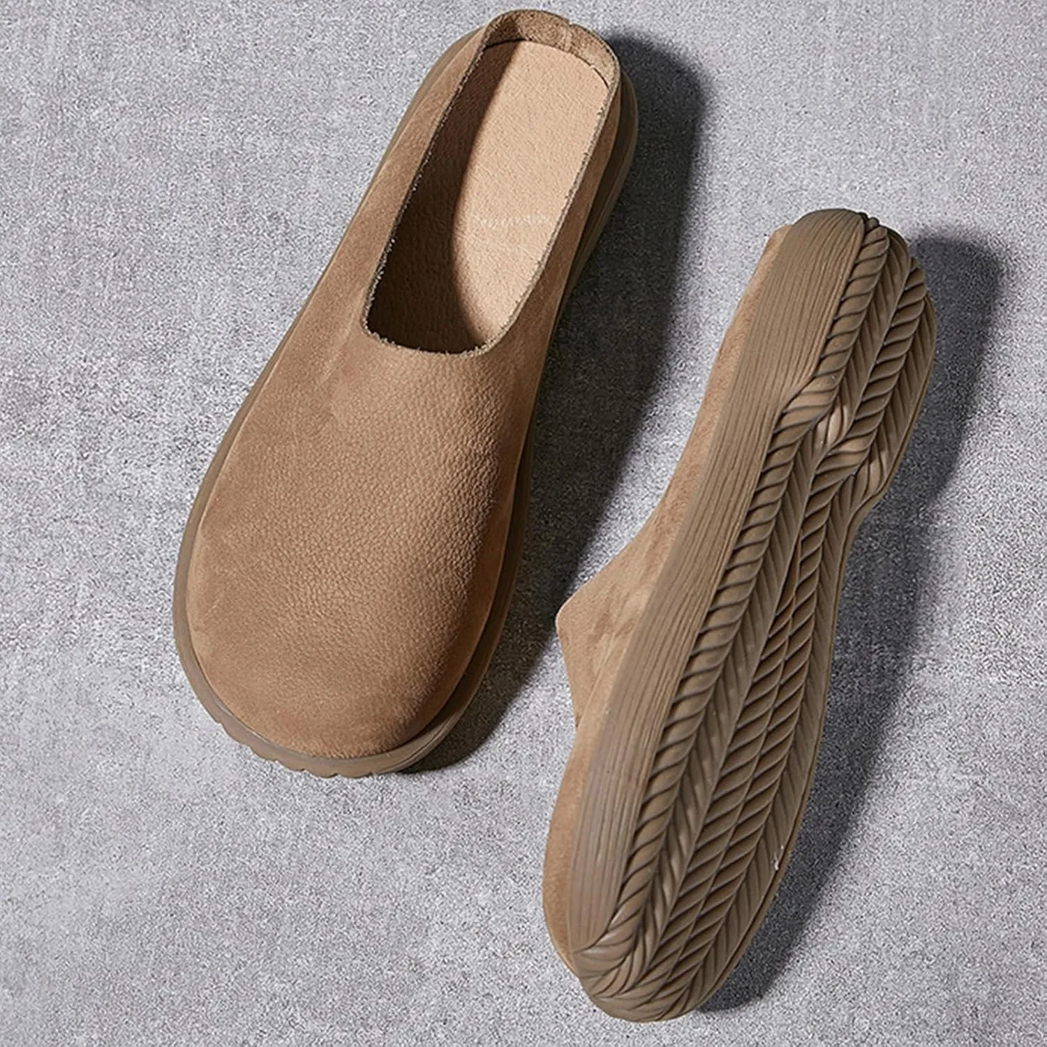 Women's Genuine Leather Rubber-Soled Non-Slip Mules, Casual Soft Leather Flat Slingback Comfory Half Loafers Causal Slippers for Work Walking