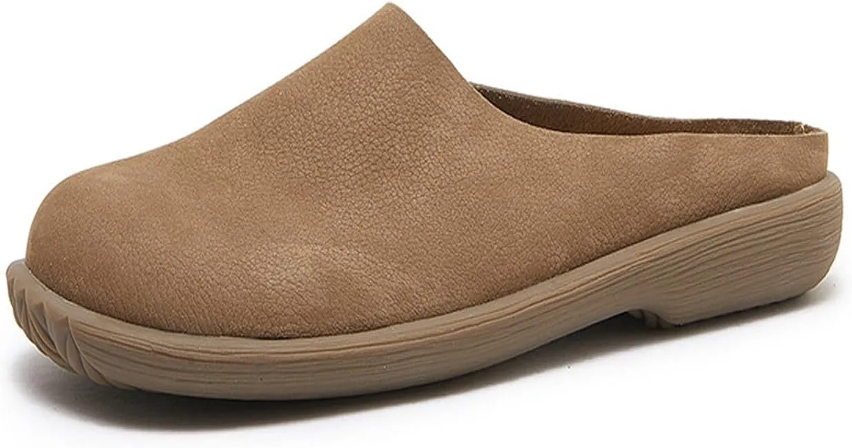 Women's Genuine Leather Rubber-Soled Non-Slip Mules, Casual Soft Leather Flat Slingback Comfory Half Loafers Causal Slippers for Work Walking