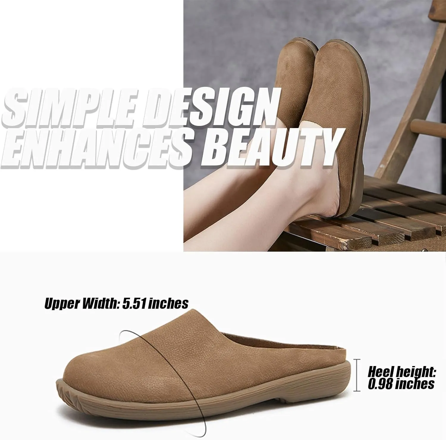 Women's Genuine Leather Rubber-Soled Non-Slip Mules, Casual Soft Leather Flat Slingback Comfory Half Loafers Causal Slippers for Work Walking