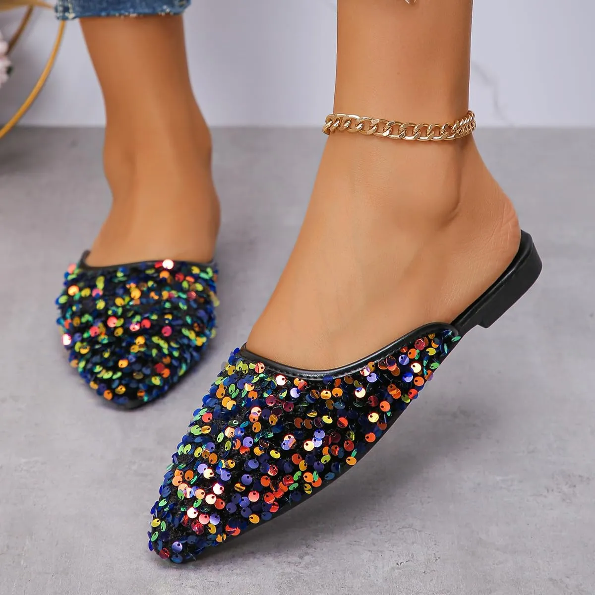 Women's Glitter Rhinestone Flat Mules Comfortable Soft Memory Foam Insole Cherry Pointed Rivet Mule Shoes